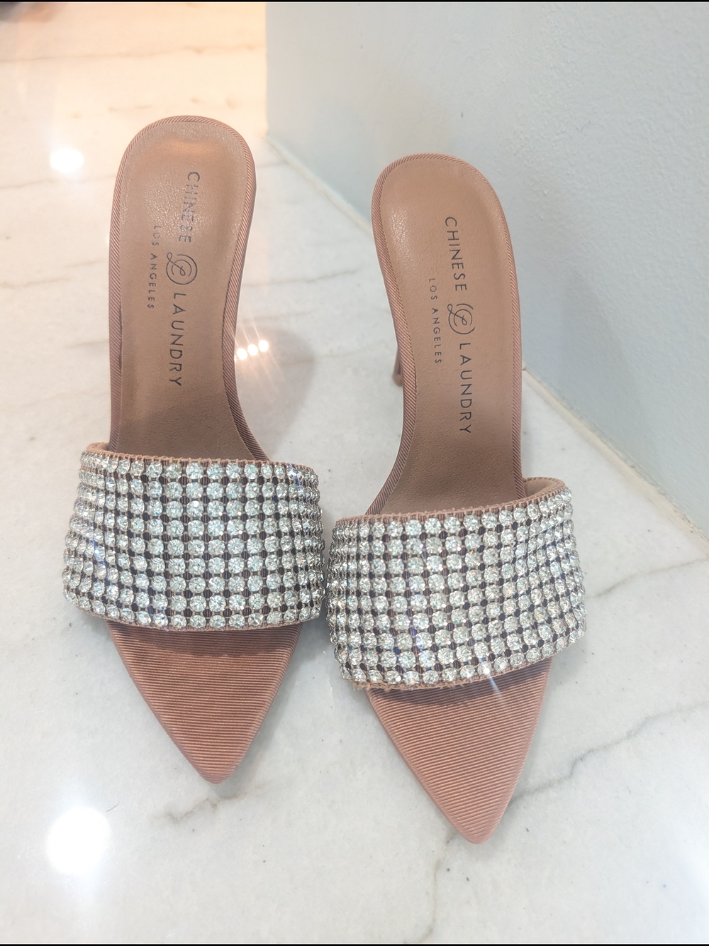 Chinese Laundry Jeeper Rhinestone Tan Slide Heels Sandal 4" Heel New - Picture 2 of 7